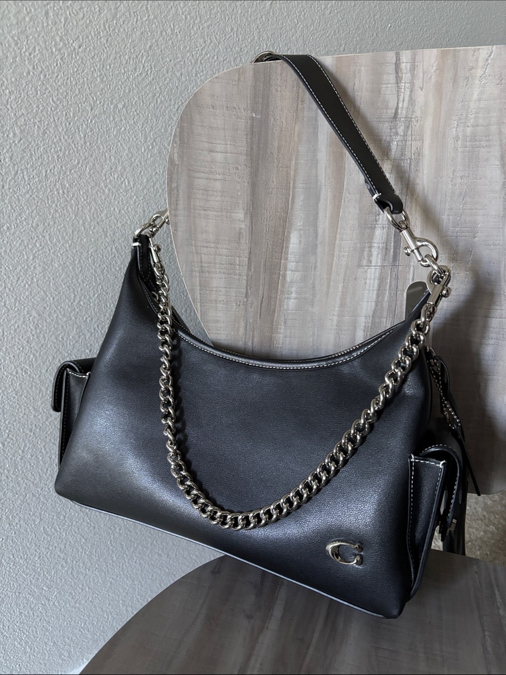 Coach Juliet 30 pockets Black Leather Shoulder Bag with Chain Strap